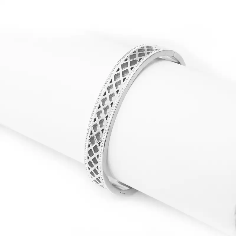 Edelstahl Armreif Damen Strass Gitter-Design Armband Klappverschluss Silberfarbe