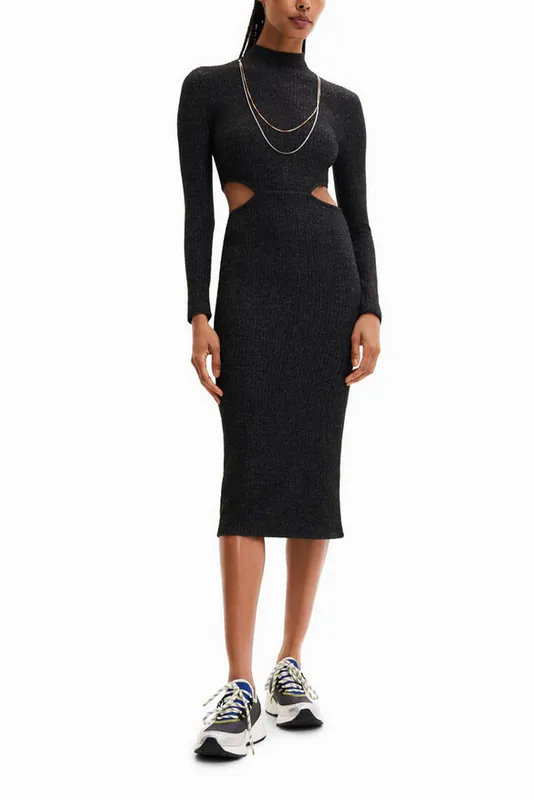 Desigual Kleid Grau Gr. XL Damen Stehkragen Cut-Out Ketten 22WWVK77