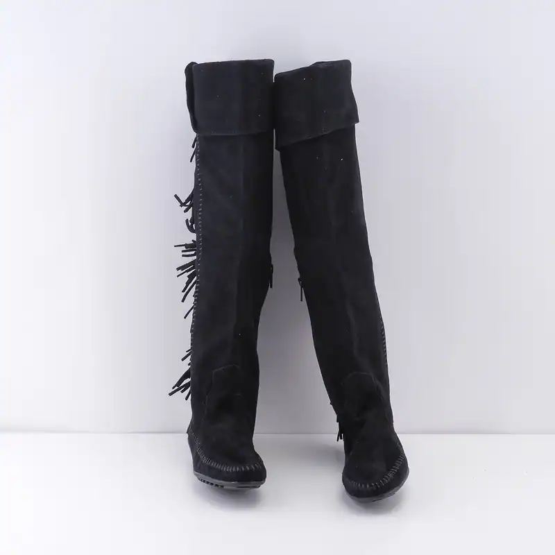 Maje Damen Stiefel Wildleder mit Rüschen Kniehoch Schwarz 36
