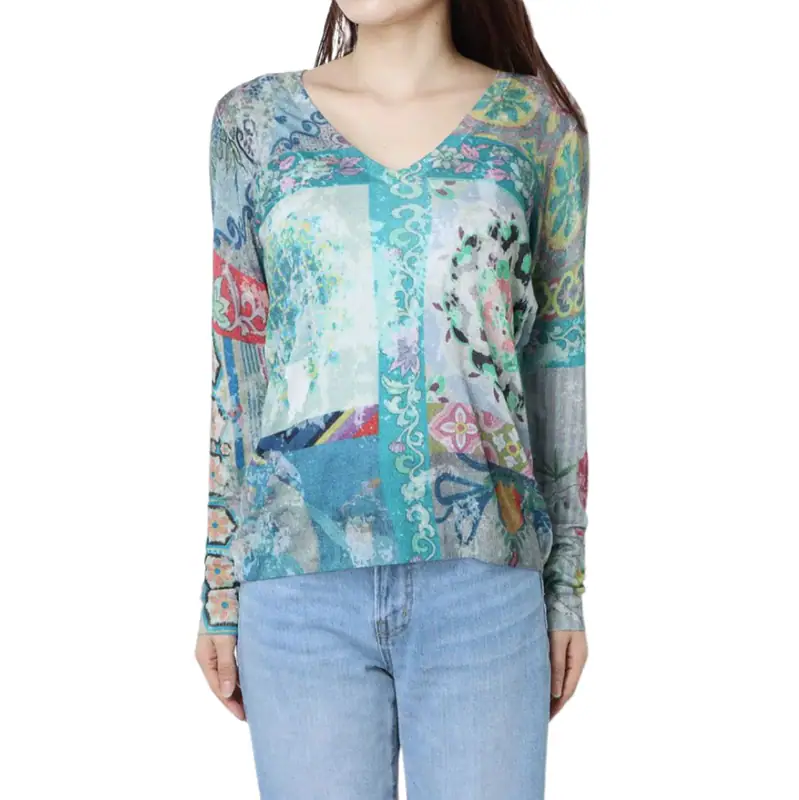 Desigual Strickpullover 20SWJF74 Mehrfarbig Kaschmir Gr. 42 XL Damen V-Neck