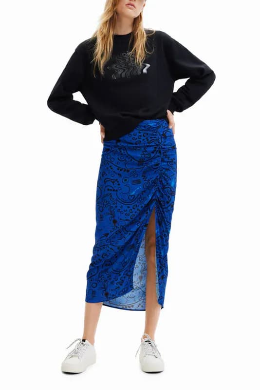 Desigual Damen Rock Blau Viskose Midi Seitenschlitz Gr. L UK 10 22WWFW09