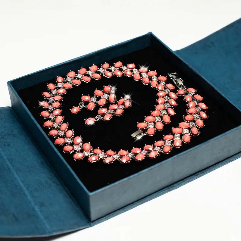 Collier Kette Strass Schmuckset Korallrot Halskette Ohrringe Silberfarben Braut
