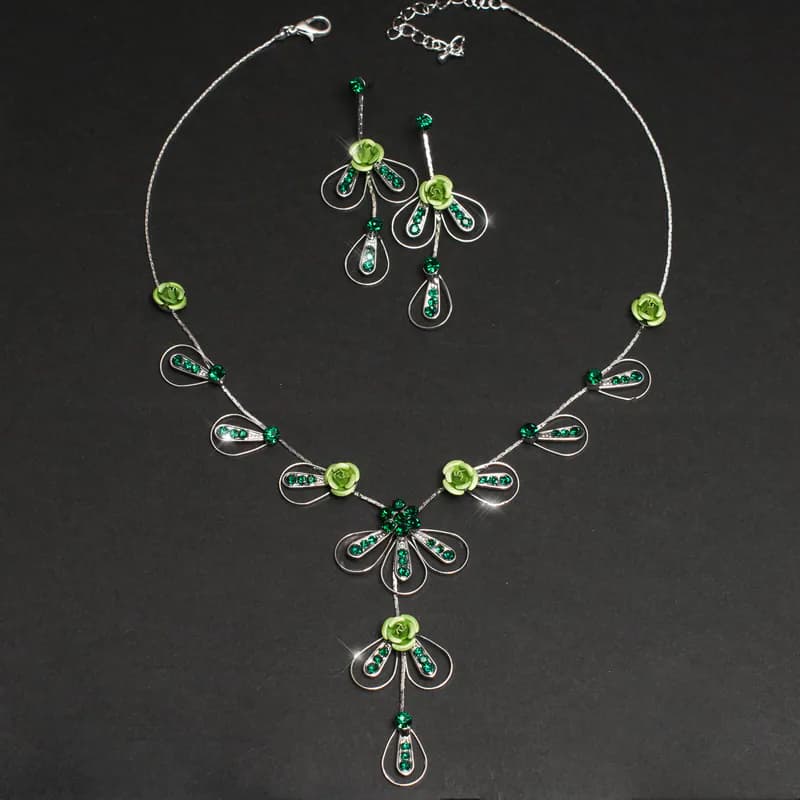 Brautschmuck Schmuckset Collier Blumen Rosen Grün Halskette Ohrringe Schmuck Neu