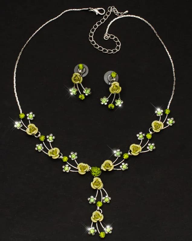 Schmuckset Collier Kette Ohrringe Rosen Gothic Grün Brautschmuck Strass Blumen