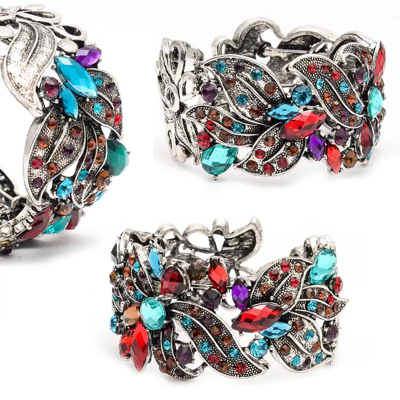 Modische Armspange mit floralem Muster Blumen und Strass Bunt Armreif Armschmuck