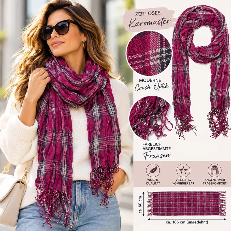Damen Fransentuch Kariert Pink – Tuch Schal Crush Knitter Look Karomuster Weich