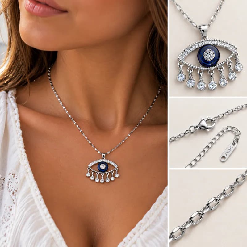Edelstahl Halskette Evil Eye Nazar Blaue Auge Strass Silberfarben Damen Kette