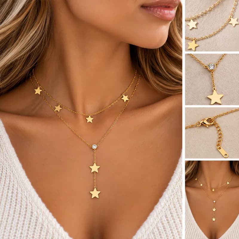 Damen Halskette Edelstahl zweireihig Stern Anhänger Kette Goldfarben Geschenk