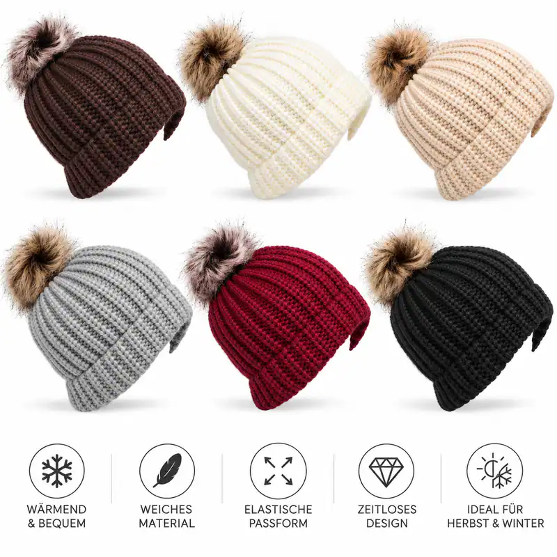 Strickmütze mit Bommel Grobstrick Wintermütze Damen Herren Bommelmütze Mütze