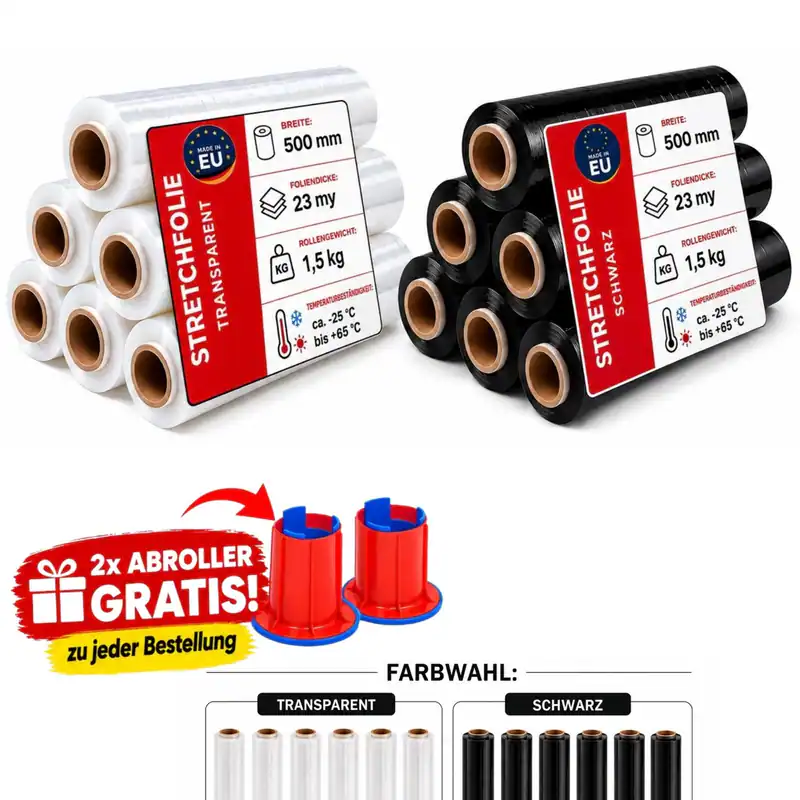 6 Rollen Stretchfolie 1,5kg Schwarz Transparent Palettenfolie 500mm 23my