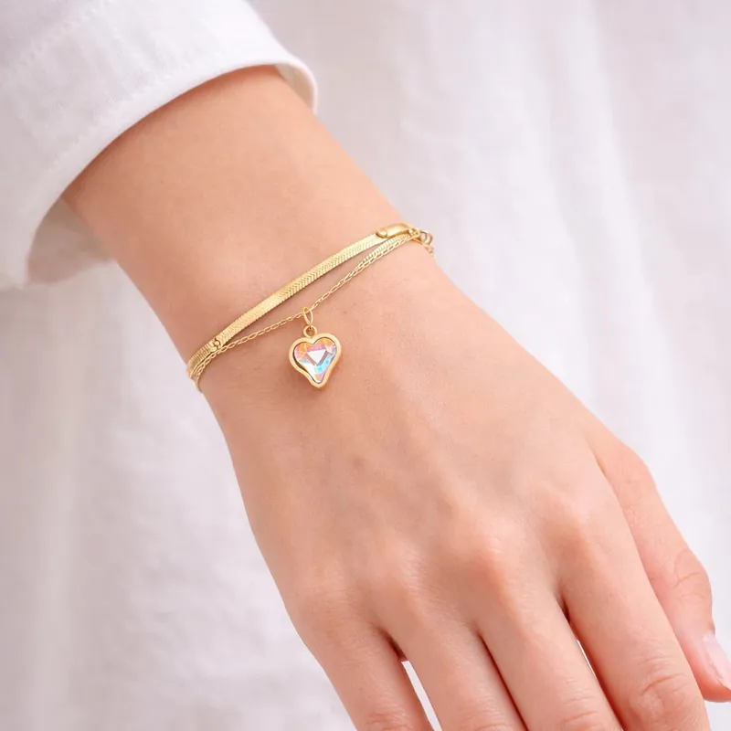 Edelstahl Armband Goldfarben Herz Anhänger Zweireihige Armkette Geschenk Damen