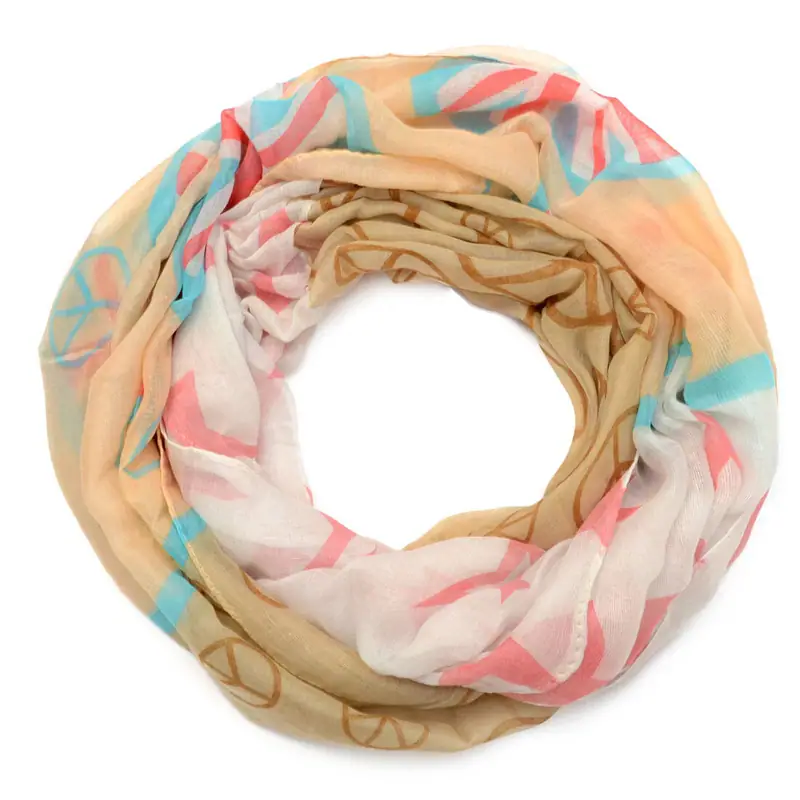 Damen Loop Schal XL Viskose Stern Peace Allover-Print Beige Weiss Rundschal Tuch