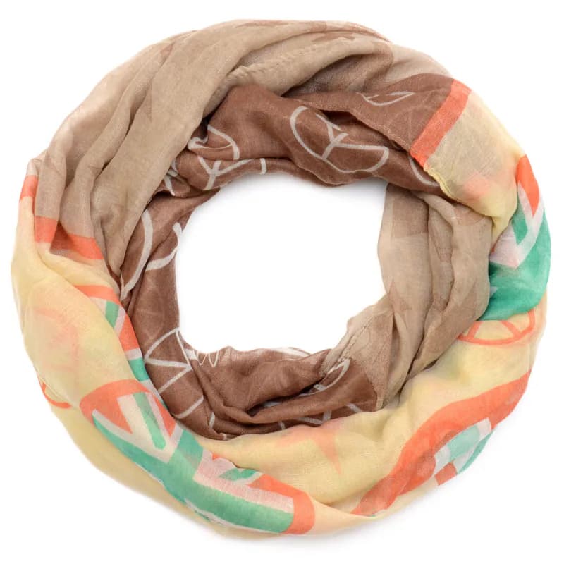 Damen Loop Schal XL Viskose Stern Peace Allover-Print Beige Braun Rundschal Tuch