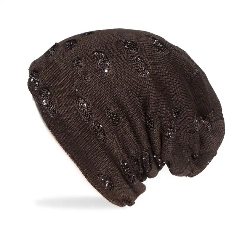Beanie Strickmütze Braun mit Pailletten Damen Gefüttert Wintermütze Glitzer Look