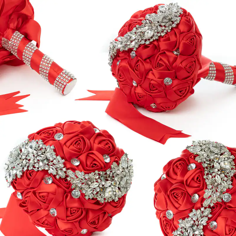Brautstrauß Hochzeitsstrauß Rot künstlich Blumenstrauß mit Strass Hochzeit