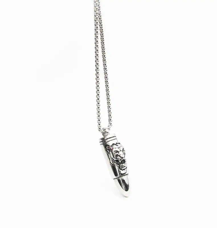 Edelstahl Halskette Herren Tigerkopf Patronen Bullet Anhänger coole Biker Kette