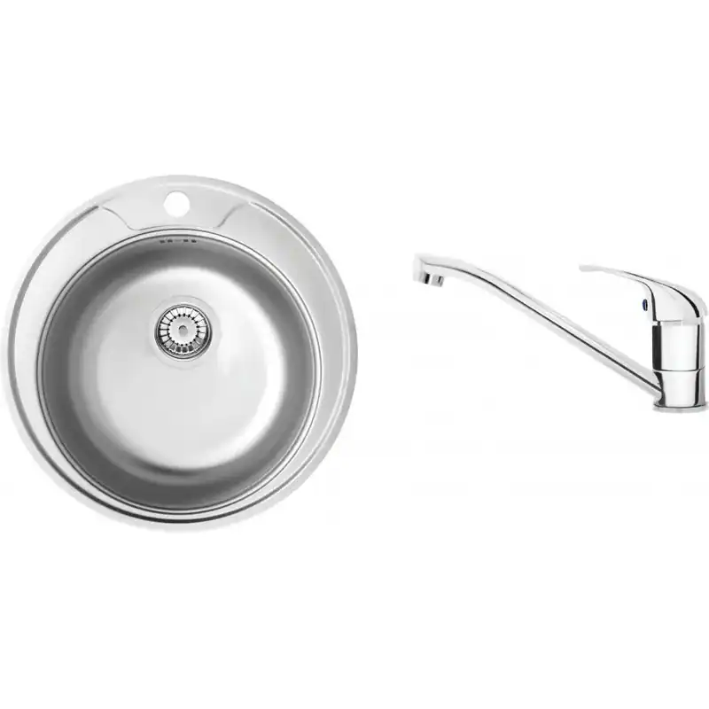 Küchenspüle Edelstahl Ø49 cm Satin / Chrom, mit Armatur & Siphon Rundspüle