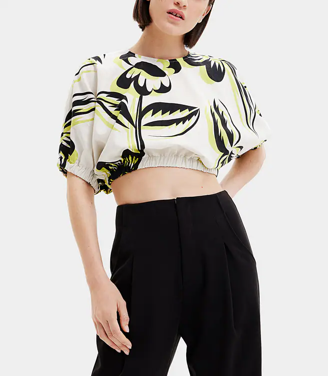Desigual Damen Bluse Crop Top Weiß Floral Leinen Baumwolle Gr. M 22WWBWX2