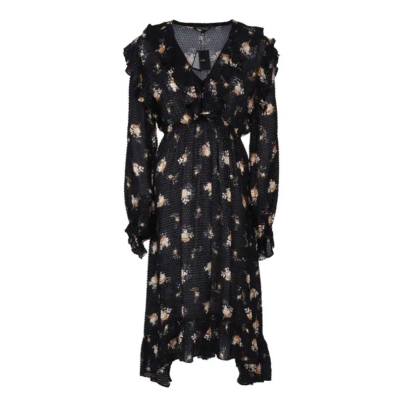 Maje Kleid Schwarz Gr. 38 FR Damen Bedruckt Rüschen MFPRO01539