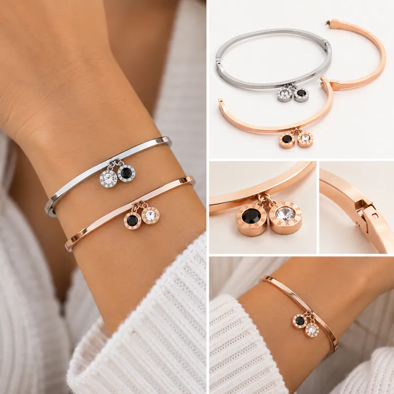 Edelstahl Armreif Damen Armband Strasssteine Römische Zahlen Klappverschluss