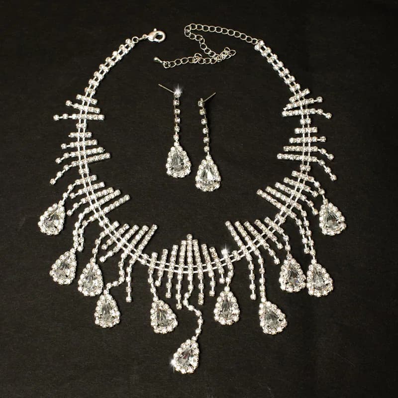 Schmuckset Collier Damen Silberfarben Ohrringe Tropfenform Halskette Strass Neu