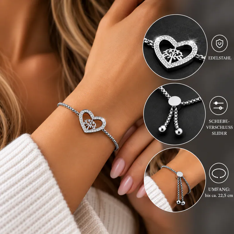 Edelstahl Armband Damen Herz Schmuckelement Slider Schiebeverschluss verstellbar