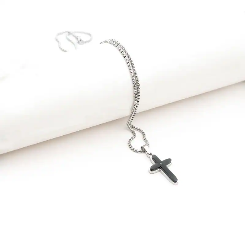 Edelstahl Kette mit Kreuz Anhänger Damen Herren Halskette Silberfarben Schwarz