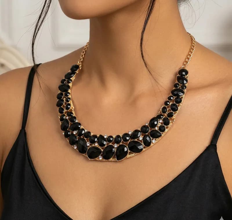 Statement Choker Halskette Goldfarben Schwarz Strass Kette Abendmode Collier Neu