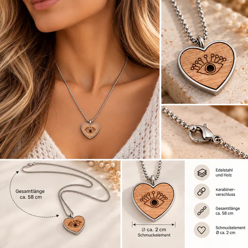 Edelstahl Halskette Herz mit Holz Anhänger Auge Symbol Kette Silberfarben Damen