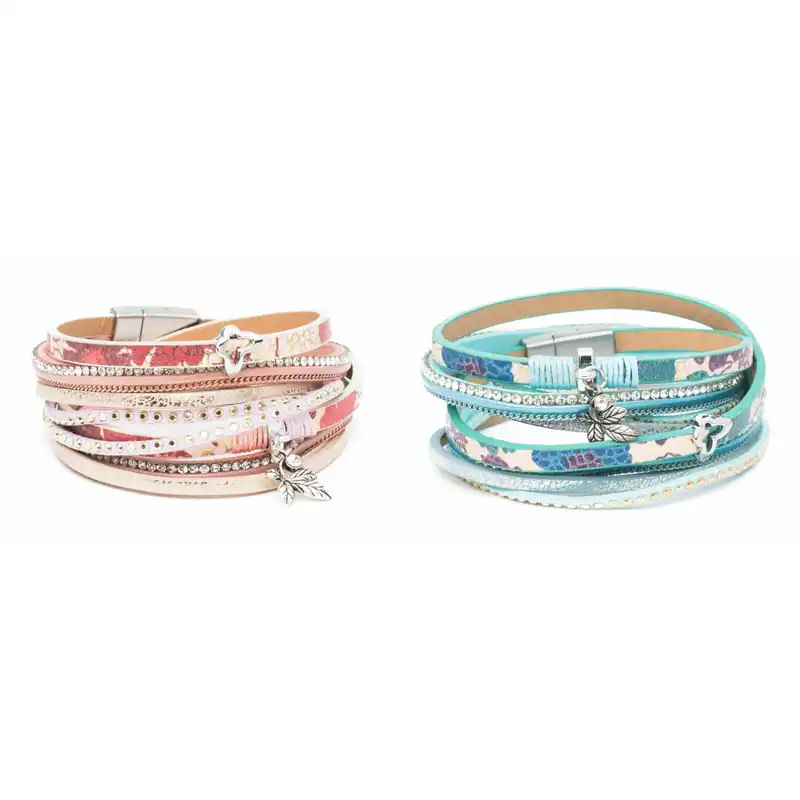 Wickelarmband Strass Nieten Schmetterling & Blatt Anhänger Damen Armband Magnet