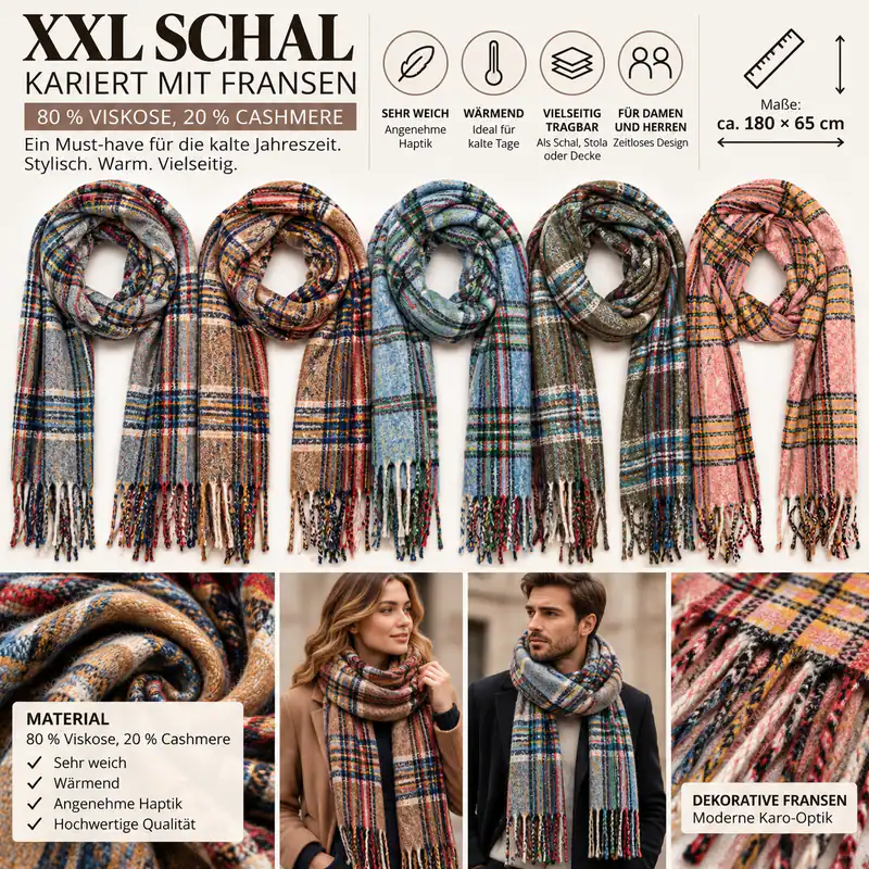 XXL Schal kariert mit Fransen Damen Herren Winterschal Karo Muster Strickschal