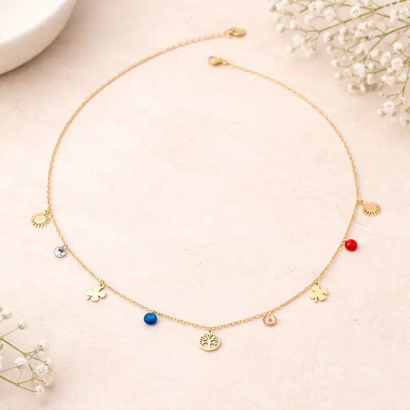 Edelstahl Halskette Lebensbaum Sonne Kleeblatt bunt Anhänger Goldfarben Geschenk