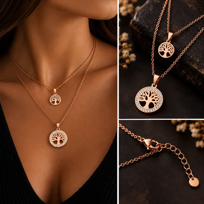 Edelstahl Halskette Roségoldfarben Lebensbaum Doppelkette Strass Layering Kette