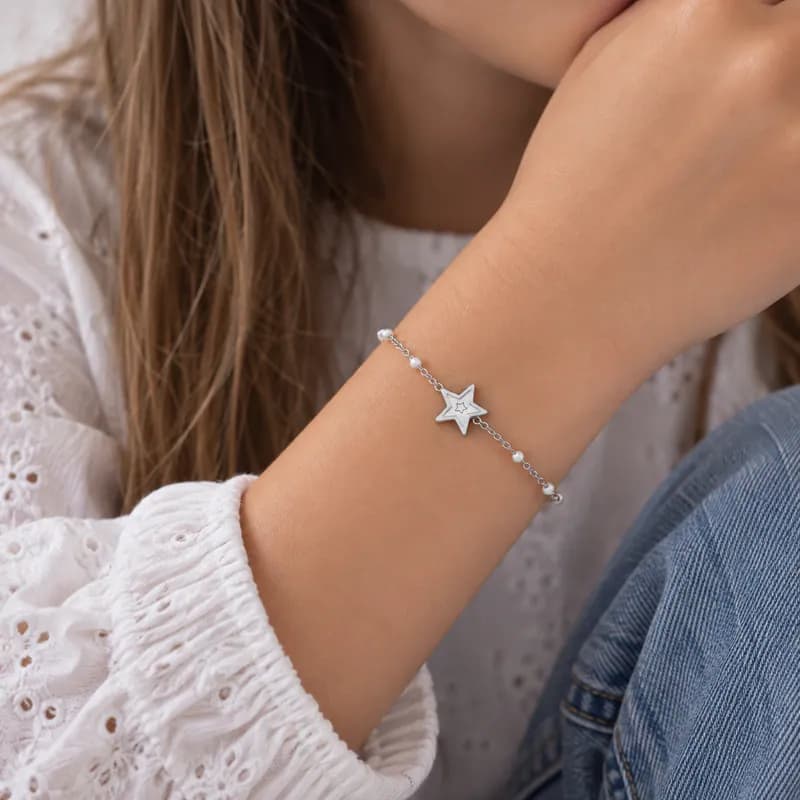 Edelstahl Armband Stern Perlen Mädchen Zierliches Armband Silberfarben Schmuck