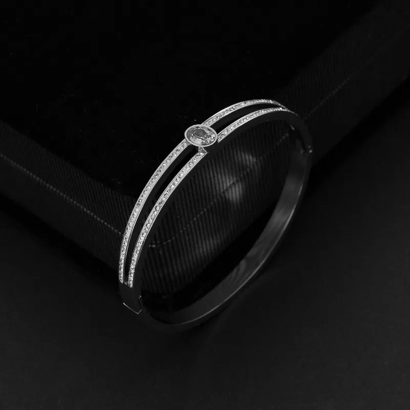 Edelstahl Damen Armreif Zweireihig Strass Klappverschluss Armband Silberfarben