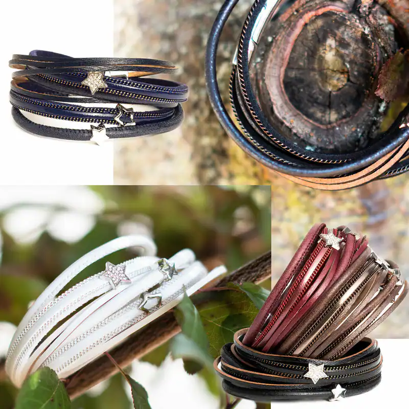 Wickelarmband Sterne Stern 4 Riemen Armband Strass Magnet Glitzer Damen Neu