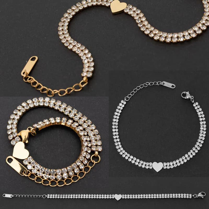 Edelstahl Armkette Herz-Element Strasssteine edel Funkelnd Armband Armschmuck