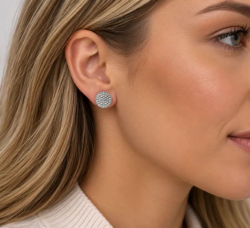 Damen Edelstahl runde Ohrringe Ohrstecker Strasssteinen Ohrschmuck Silberfarben