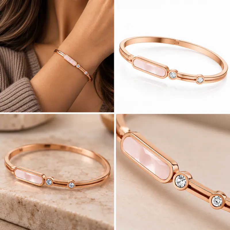 Damen Armreif Edelstahl Roségoldfarben Perlmutt Optik Damen Armband Strassstein