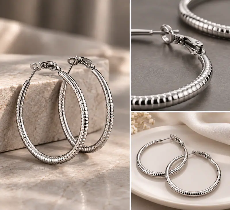 Edelstahl Creolen Damen Silberfarben 35 mm Geriffelt Hoops Earrings Ohrringe