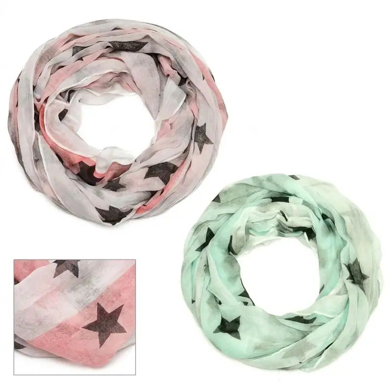 Damen Loop Schal Sterne Stern Print Rundschal Tuch Halstuch Leicht Farbverlauf