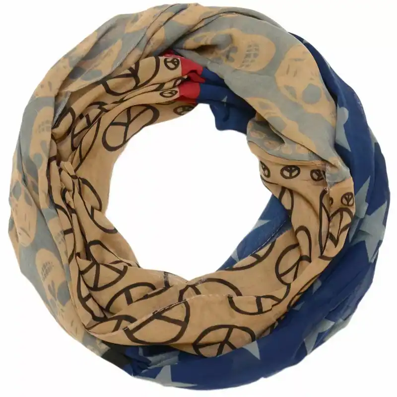 Loop Schal mit Totenkopf-Peace-Sterne Muster 5 Farben Damen Rundschal Viskose
