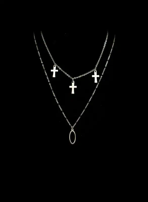 Halskette Kreuz Edelstahl Layering Doppelkette Silberfarbe Kreuz Anhänger Unisex