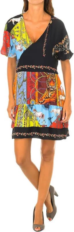 Desigual Women's Dress A-Line Short Multicolour Abstract V-Neck 36 18WWVW42