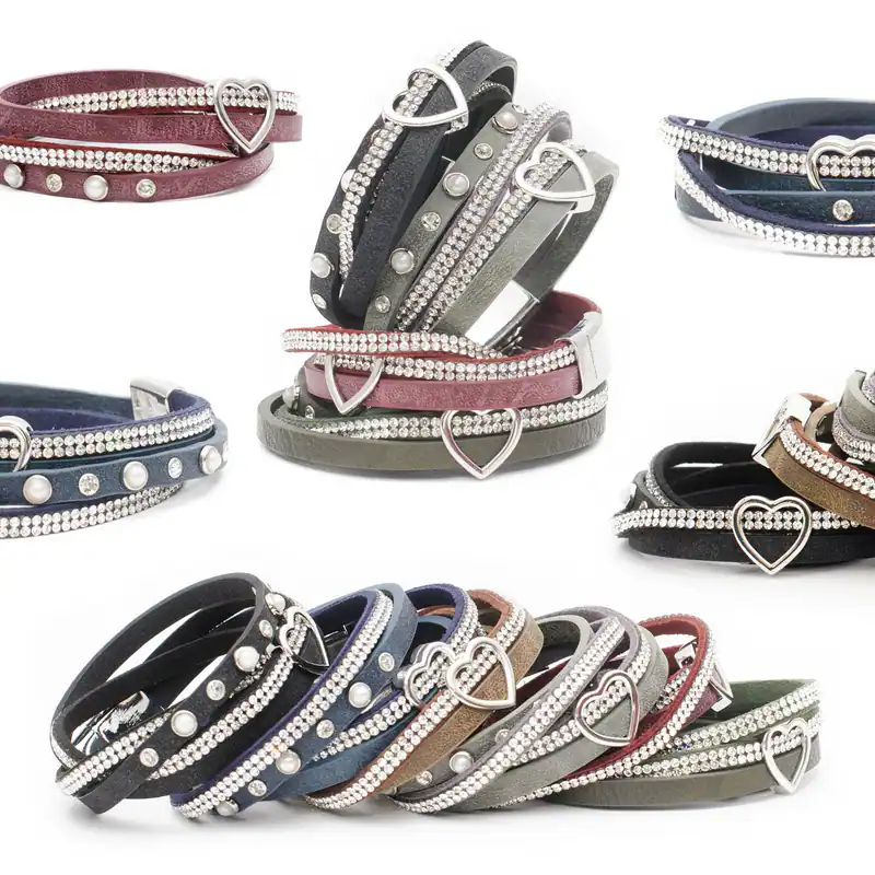 Wickelarmband Herz Strass Magnetverschluss Layering Armband Glitzer Leder-Optik