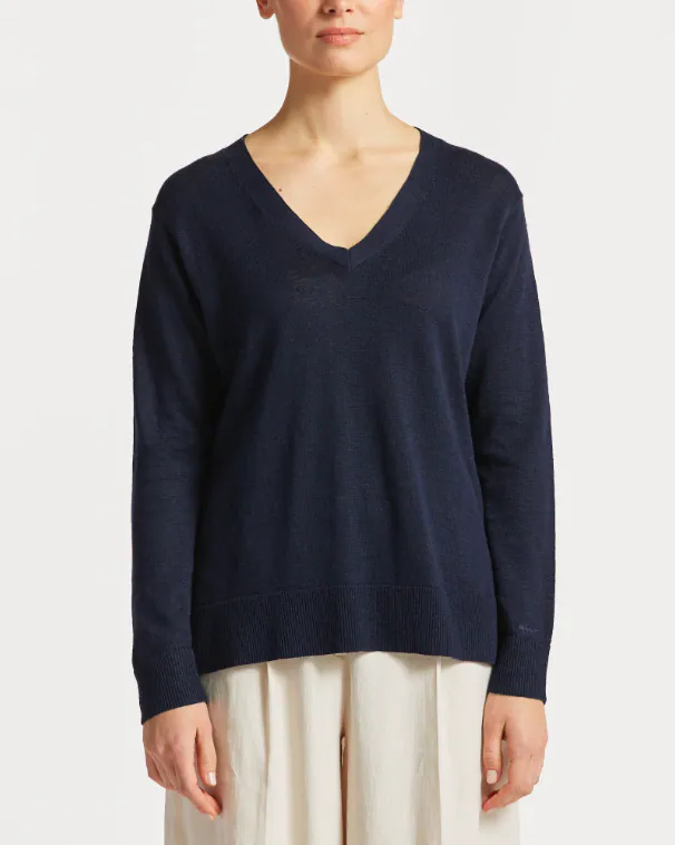 GANT Damen Pullover V-Ausschnitt Blau Seide Mix Strick Langarm Gr. S