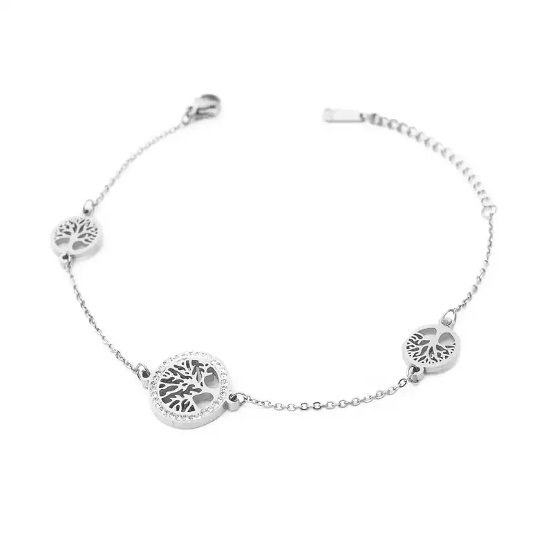 Edelstahl Armband Armkette mit 3 Lebensbaum Anhänger Strass Silberfarben Damen