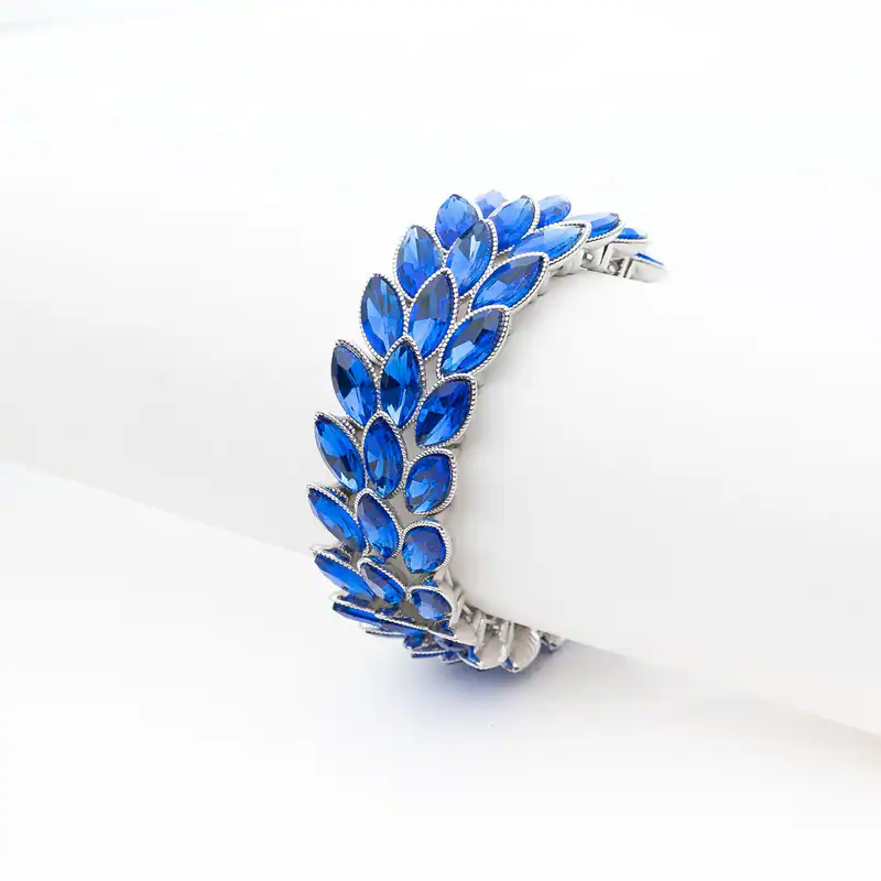 Damen Stretch Armband Blau funkelnde Schmucksteine Blatt-Design Elegant Festlich