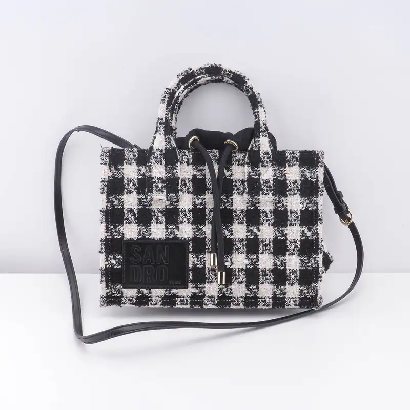 Sandro Paris Damen Umhängetasche Tweed Kariert Logo Schwarz Weiß Tasche