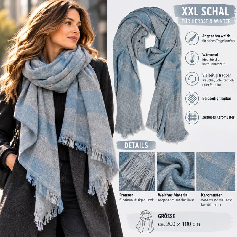 XXL Damen Herren Schal Karomuster Fransen 200x100cm Schultertuch Stola Halstuch